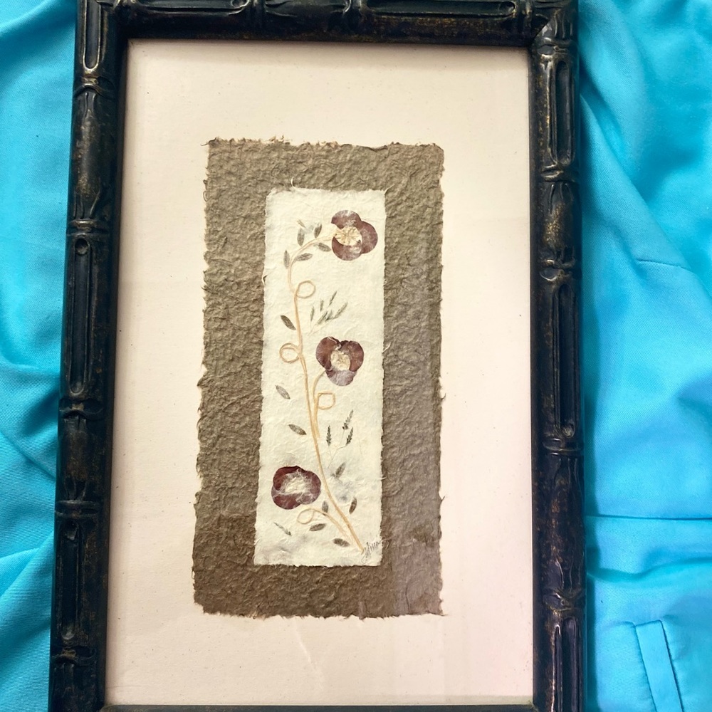 Parchment Paper matted Framed Flowers Floating Embroidery Thread Stem Signed